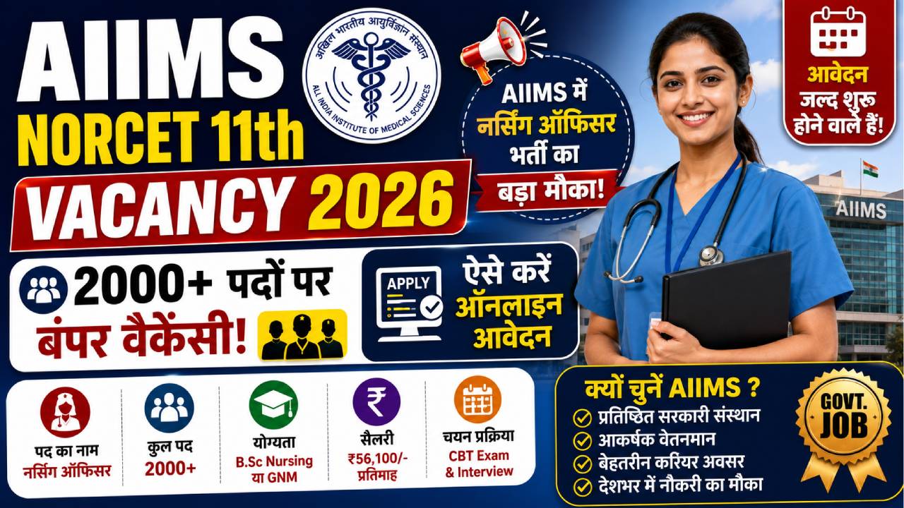 AIIMS NORCET 11th Vacancy 2026: AIIMS में नर्सिंग ऑफिसर भर्ती का बड़ा मौका, ऐसे करें ऑनलाइन आवेदन
